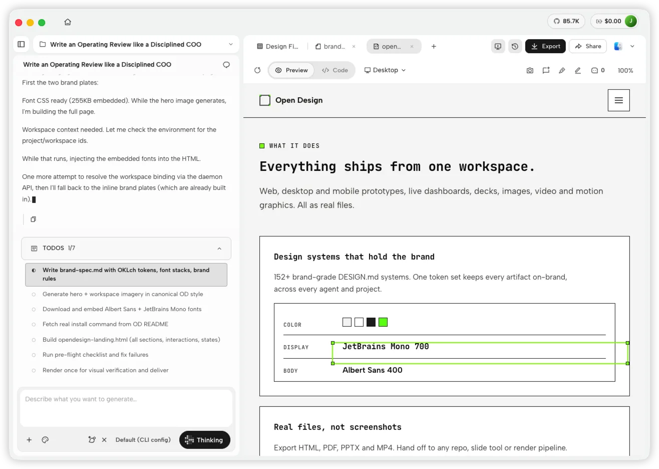Open Design workspace showing a DeepSeek Harness task beside a generated branded landing page preview
